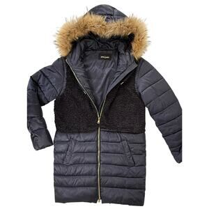 PIERRE CARDIN PARIS EU 42 US XL Mid Length Parka Real Fur Trim Hood Navy Coat